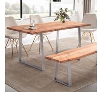 Table de salle à manger FineBuy Table de cuisine en bois massif d'acacia avec arête d'arbre chromée