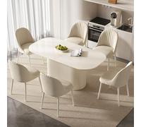 Table de salle à manger ovale élégante et moderne avec 6 chaises couleur crème, base sur pied cannelé, meubles de cuisine contemporains pour maison et appartement, décoration de salle à manger de