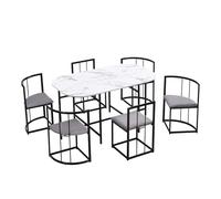 Table de salle à manger ovale moderne 6 places - Dessus en MDF blanc, cadre en fer doré, chaises rembourrées en velours gris, design peu encombrant pour cuisine et salle à manger (noir)