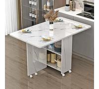 Table de salle à manger pliable moderne avec 6 roulettes et 2 étagères de rangement et fonction extensible pour cuisine, bureau, économie d'espace pour les petits espaces.