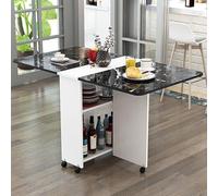 Table de salle à manger pliante avec 6 roues - Design feuille - Économie d'espace - Avec 2 étagères de rangement - Polyvalente et extensible - Pour le travail, l'étude, la salle à manger (noir et