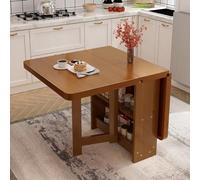 Table de salle à manger pliante en bois massif avec battant et étagère de rangement à 2 niveaux, table d'extension pliable polyvalente avec 3 formes pliantes