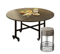 Table de salle à manger pliante ronde avec 4/6/8 tabourets, structure en métal peu encombrante, très résistante, idéale pour les petites cuisines, mobilité facile avec 6 roulettes, marron, 120 cm