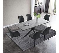 Table de salle à manger pour 6-8, table de salle à manger extensible gain de place, table de salle à manger rectangulaire en ferme à cadre métallique pour cuisine de bureau (Table + 6 chaise noire)
