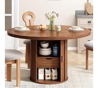 Table de salle à manger ronde de 119,4 cm pour 4 personnes, table de cuisine circulaire avec étagère de rangement à 2 couches et tiroir, tables de dîner modernes de ferme avec porte coulissante et