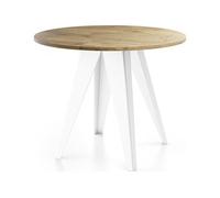 Table De Salle à Manger Ronde De Style Industriel - Moderne - Extensible De 90 Cm à 130 Cm - Pieds Métalliques Blancs - Compacte - Chêne Lancelot