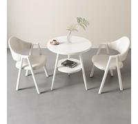 Table de salle à manger ronde élégante avec 2 chaises tapissées en simili cuir/tissu, parfaite pour cuisine, balcon, salon et petits espaces, finition blanche