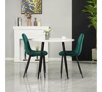 Table de salle à manger ronde en marbre moderne de 80 cm et 2 chaises en velours vert avec pieds en métal robustes pour cuisine, bureau, salon, restaurant, pub