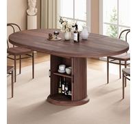 Table de Salle à Manger Ronde Extensible de 10 à 15 cm avec étagère de Rangement à 2 Niveaux, Meuble de Table Ovale en Bois Extensible avec Base sur piédestal (Marron)