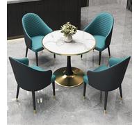 Table de salle à manger ronde moderne avec 4 chaises en cuir pour bureau, réception, club, négociation, salle à manger, salon, cuisine, 80 cm, gris foncé et blanc cassé, gris foncé et bleu