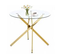 Table De Salle À Manger Ronde Plateau Verre Trempé, Pieds Dorés, Design Moderne Pour Salon Et Cuisine 80x80x76cm