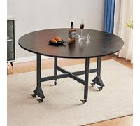 Table de salle à manger ronde pliable avec feuilles tombantes, panneaux respectueux de l'environnement et supports métalliques, 6 roues pour une mobilité facile, idéale pour les petits espaces