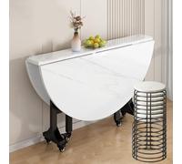 Table de salle à manger ronde pliante pour 4 à 8 personnes, table de cuisine mobile peu encombrante avec 6 roues et tabourets, design MDF et métal pour petits espaces, gris, 140 cm/55 cm