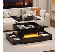 Table de salon relevable 65 × 65 × 38,5 cm - Table d'appoint haute brillance avec barre lumineuse LED, table basse avec 2 tiroirs, design géométrique et espace de rangement caché, noire