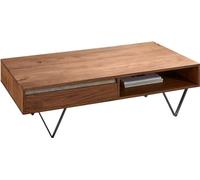 Table-basse Stonegrace 115x60 cm Acacia marron ardoise 2 tiroirs 1 compartiment Pied en V noir