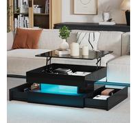 Table de salon, table d'appoint, table basse brillante avec bande lumineuse LED, réglable en hauteur, 65 x 65 x 38,5 cm, avec 2 tiroirs, design géométrique et espace de rangement dissimulé, noir