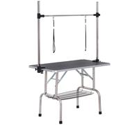 PawHut Table de toilettage pour Chien Chat Animaux, Pliante 107x60x76cm - Potence H INOX réglable - Station Robuste 100kg avec Surface antidérapante - 2 Sangles, Panier Maille - idéal Domicile - Noir