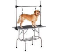 PawHut Table de toilettage pour Chien Chat Animaux, Pliante 107x60x76cm - Potence H INOX réglable - Station Robuste 100kg avec Surface antidérapante - 2 Sangles, Panier Maille - idéal Domicile - Noir