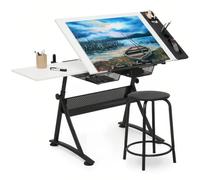 Table Dessin Réglable Tabouret, Rangement Et Plateau Latéral Coulissant | Bureau Dessin D'architecture,Poste Travail D'artiste,Bureau Croquis,Table Planche Dessin,Table D'atelier D'art Domicile