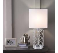 Lampe de table chambre lampe de chevet blanche lampe de table moderne base argentée, abat-jour en tissu acier, 1x douille E14, DxH 18x35 cm