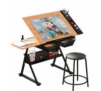 Table élévatrice à Ciseaux Ensemble à Dessin et Tabouret pour Artiste avec élévatrice, Bureau d'artisanat Polyvalent, Hauteur et Angle réglables, avec tiroirs, Plateaux latéraux,