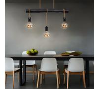 Lampe à suspendre LED Filament de table Suspension noire Lampe de salon en bois moderne, lampe en bois 3 flammes corde hauteur réglable, métal, 3x 4W 280Lm blanc chaud, LxlxH 60x5x120 cm