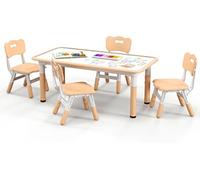 CostwayEnsemble Table Enfant et 4 Chaises Bureau Réglable en Hauteur avec Plateau Graffiti Pieds Antidérapants Table Multifonction Naturel