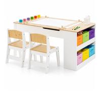 Table Enfant 3 en 1 en Bois GINGER HOME avec 2 Chaises, Tableau à Dessiner, Organisateur et Rouleau de Papier, 109 x 60 x 55 cm