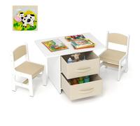 Table Enfant avec 2 Chaises - DREAMADE - 2 Tiroirs Amovibles - Ensemble Bureau et Chaises - Charge 50KG - 3 Ans+ - Beige