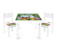 Leomark Yeti Table et 2 chaises Enfant Chambre Bébé Table pour Enfants Meuble Chaise Petit Bureau Dimensions: L 60 x L 60 x H 49 Couleur Blanc avec Motif Animaux