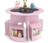 Table et 4 Chaises COSTWAY pour Enfants 3Ans+, Table Ronde avec Tabourets Empilables pour Salle de Jeux, Rose