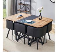 Table et Chaise Encastrable Salle à Manger avec 6 Chaises Tapissées Noir, Table a Manger Industrielle Bois 4-6 personnes, 150x100