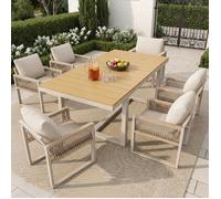 table et chaises de jardin extérieur - une table + six chaises - table de jardin d'extérieur avec plateau en corde tressée, beige