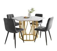 Table et Chaises Ensemble Salle à Manger avec Table Hexagonal et 4 Chaises en Velours,Moderne Blanc Marbre Table a Manger avec Pieds de Table Doré plaqués Or pour Cuisine Salle à Manger(Gray)