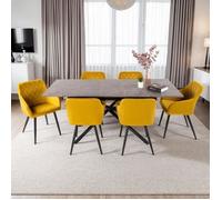 Table extensible effet granit + 6 chaises en velours moutarde - MINDY