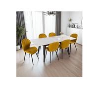 Table extensible effet marbre blanc + 6 chaises en velours moutarde