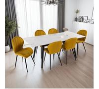 Table extensible effet marbre blanc + 6 chaises en velours moutarde