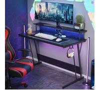 Table Gamer, Bureau Gaming avec LED et Multiprise, avec Rehausseur d’Écran, pour 2 Ordinateurs, 60 x 120 x 76 cm, Noir