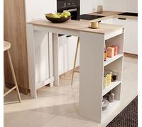 Table haute de bar | 110 x 103 x 50 cm | Couleur Blanc et Sonoma mat | Table de cuisine avec 3 étagères | Modèle Kyra