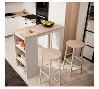 Table haute de bar avec deux tabourets | 110x103x50 cm | Blanc et Sonoma mat | Table de cuisine avec 3 étagères | Modèle Kyra