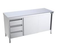 Table Inox centrale avec portes coulissantes et tiroirs à gauche Gamme 600 Distform Blanc
