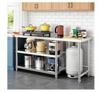 Table Inox de Cuisine à 3 Niveaux en Acier Inoxydable Brossé Pouvant Accueillir une Bouteille de Gaz avec des Pieds Renforcés et un Espace de Rangement Généreux Établi Professionnel avec Plateau
