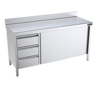 Table Inox murale adossée avec portes coulissantes et tiroirs à gauche Gamme 600