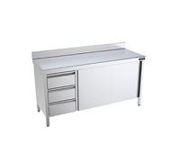 Table Inox murale adossée avec portes coulissantes et tiroirs à gauche Gamme 700