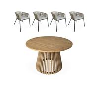 Table intérieur/extérieur bois d'acacia + 4 assises en corde beige et acier