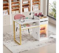 Table Manucure, Table Onglerie Professionnel en Bois avec Tiroirs, Vitrine avec éclairage LED réglable, marbre-Blanc-Or, Tables Prothésiste Ongulaire Moderne pour Salon de Beauté (117x45x81cm)