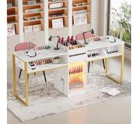 Table Manucure, Table Onglerie Professionnel en Bois avec Tiroirs, Vitrine avec éclairage LED réglable, marbre-Blanc-Or, Tables Prothésiste Ongulaire Double Moderne pour Salon de Beauté,194x45x81cm