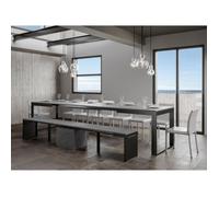 Table moderne extensible 8 à 20 places L 180 à 440 cm gris béton avec cadre et pieds en métal anthracite Likro 2 pieds