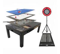 Table Multi Jeux 7 en 1 & Table à Manger Gris Ensemble de Fléchettes Anneau LED Billard Anglais Ping Pong Air Hockey Ensemble Soirée Intérieure