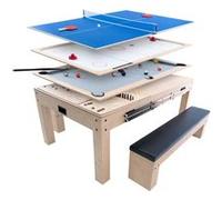 Table Multi Jeux 7 en 1 & Table à Manger 2 Bancs de Rangement Effet Bois Chêne Billard Anglais Ping Pong Air Hockey Échecs Backgammon Ensemble Soirée Intérieure Divertissement Bureau [Accessoires INCL